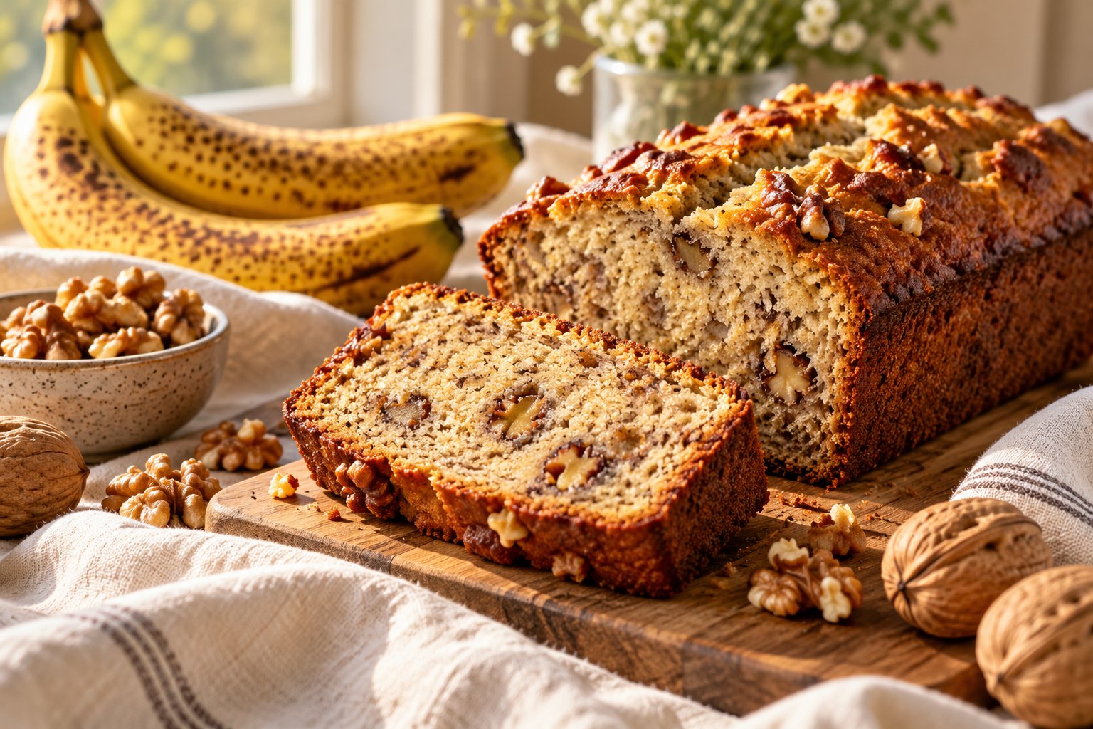 Golden homemade banana bread cooling beside a few ripe bananas.