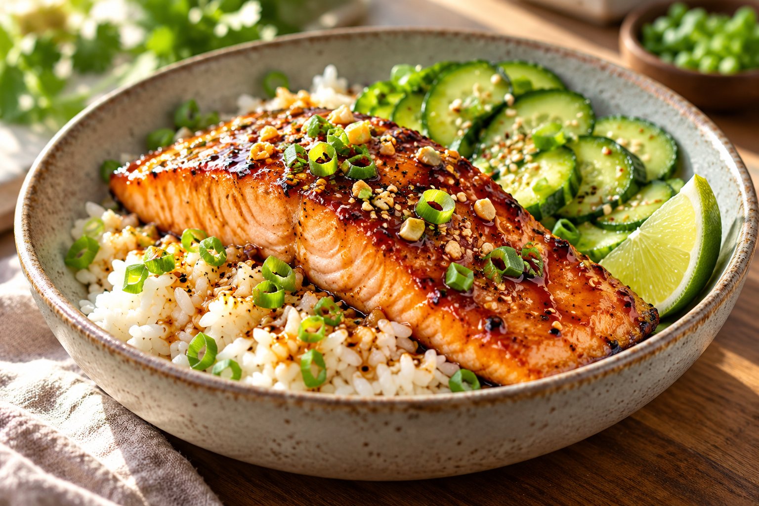 Glazed salmon served as a colorful dinner bowl with vegetables and rice.