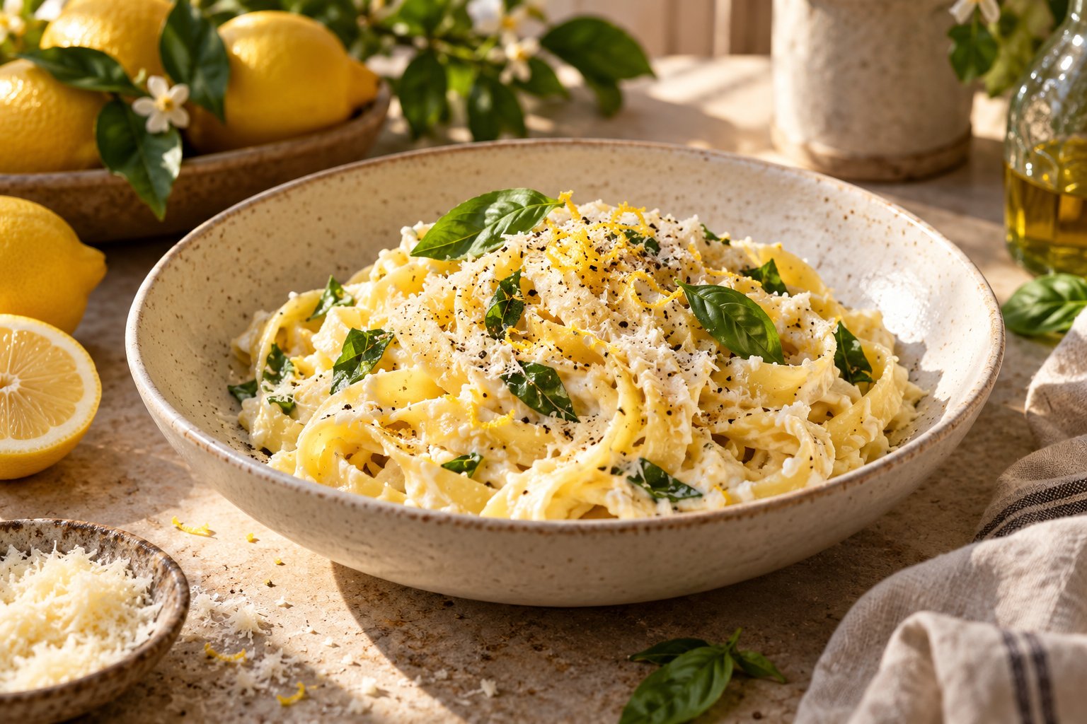 Lemon ricotta pasta with fresh basil and lemon.